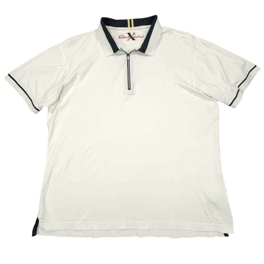 Robert Graham 1/4 Zip Polo Shirt Mens XL White Quarter Zip Short Sleeve